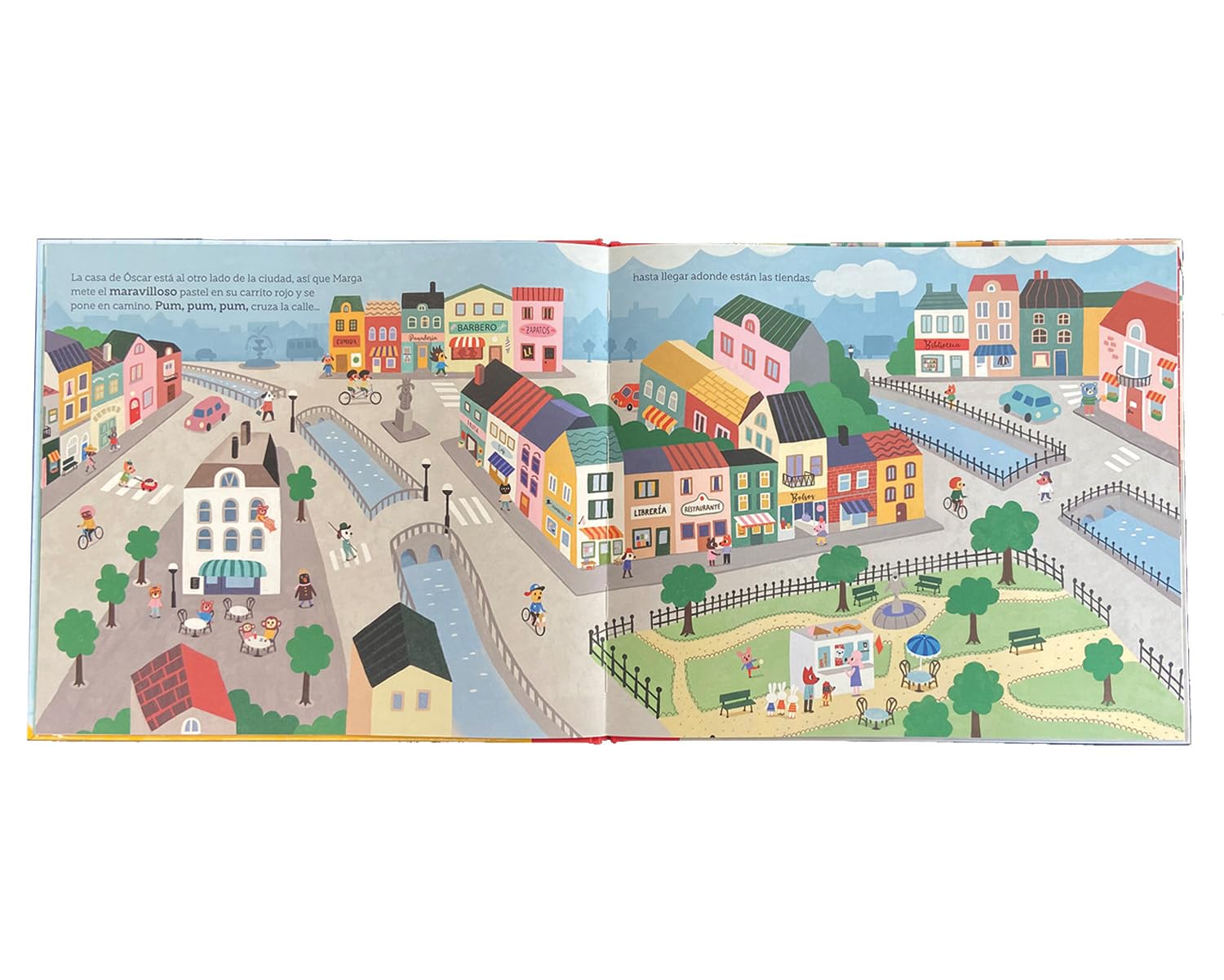 página internada del libro ilustrado Maravillosa Marga, un cunetos obre la amabilidad y un pastel
