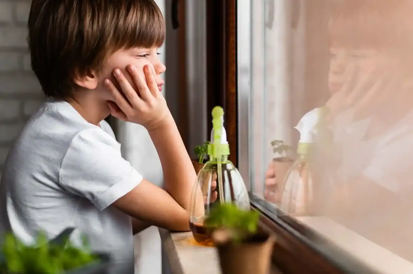 Niño mirando por la ventana con expresión pensativa, señal de ansiedad infantil