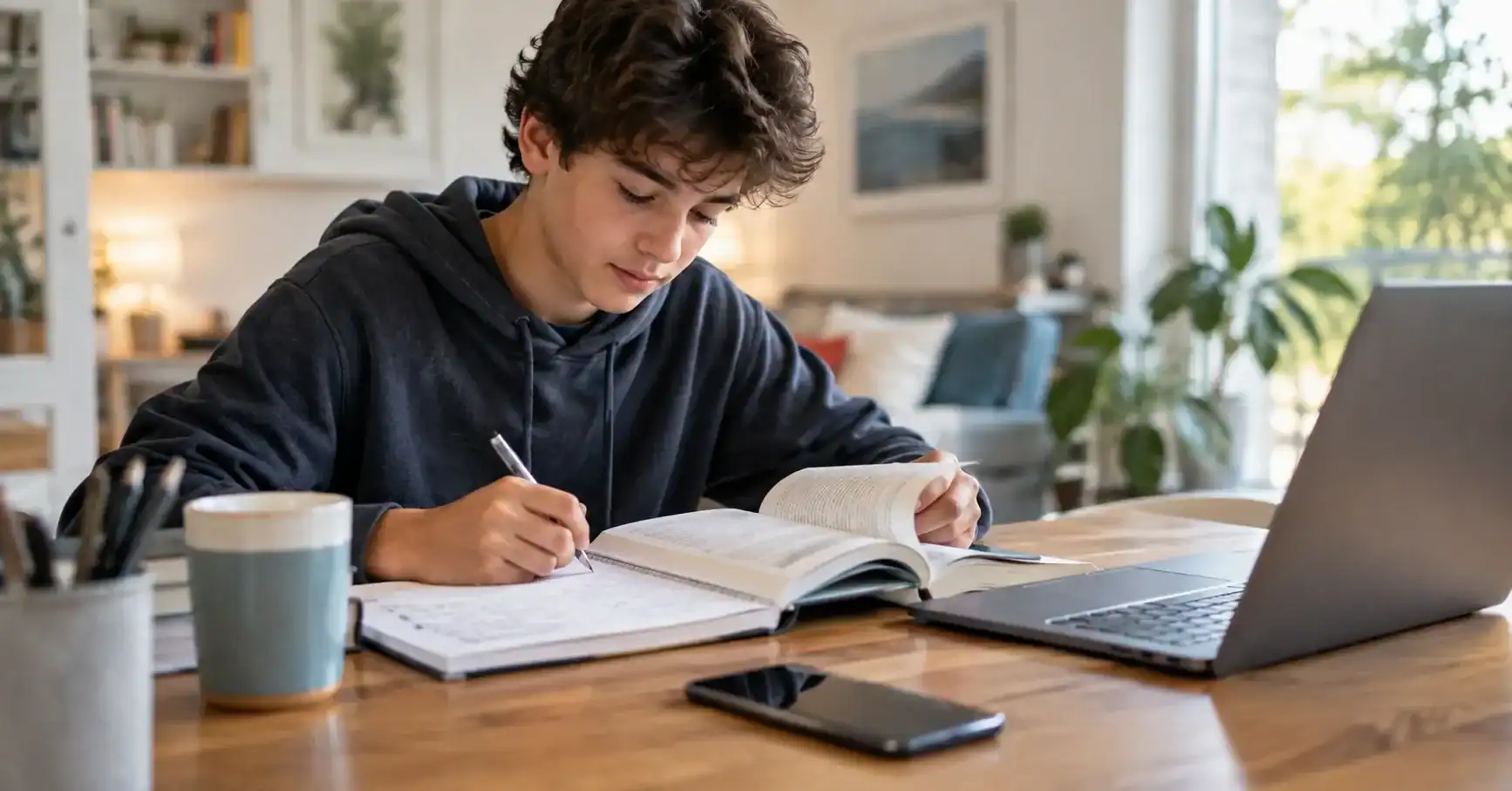 Adolescente estudiando con un libro, un ordenador y un móvil