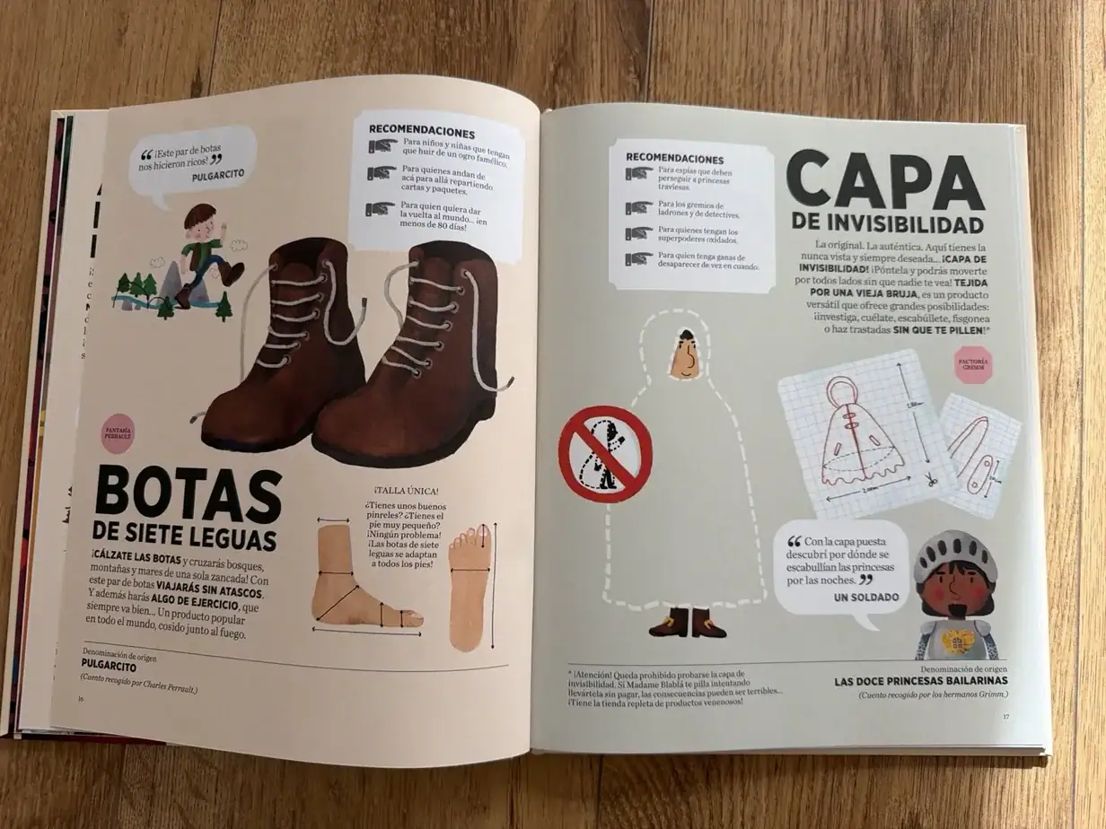 «El maravilloso catálogo de Madame Blablá»: los objetos mágicos de los cuentos clásicos, a la venta 2 Doble página de «El maravilloso catálogo de Madame Blablá» con las botas de siete leguas de Pulgarcito y la capa de invisibilidad de Las doce princesas bailarinas