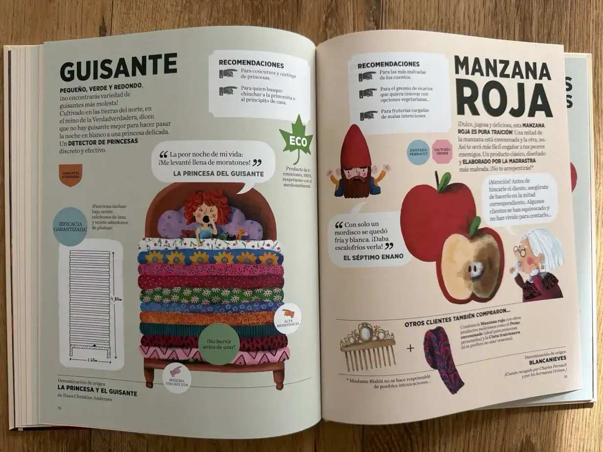 «El maravilloso catálogo de Madame Blablá»: los objetos mágicos de los cuentos clásicos, a la venta 1 Doble página de «El maravilloso catálogo de Madame Blablá» con el guisante de La princesa y el guisante y la manzana roja de Blancanieves